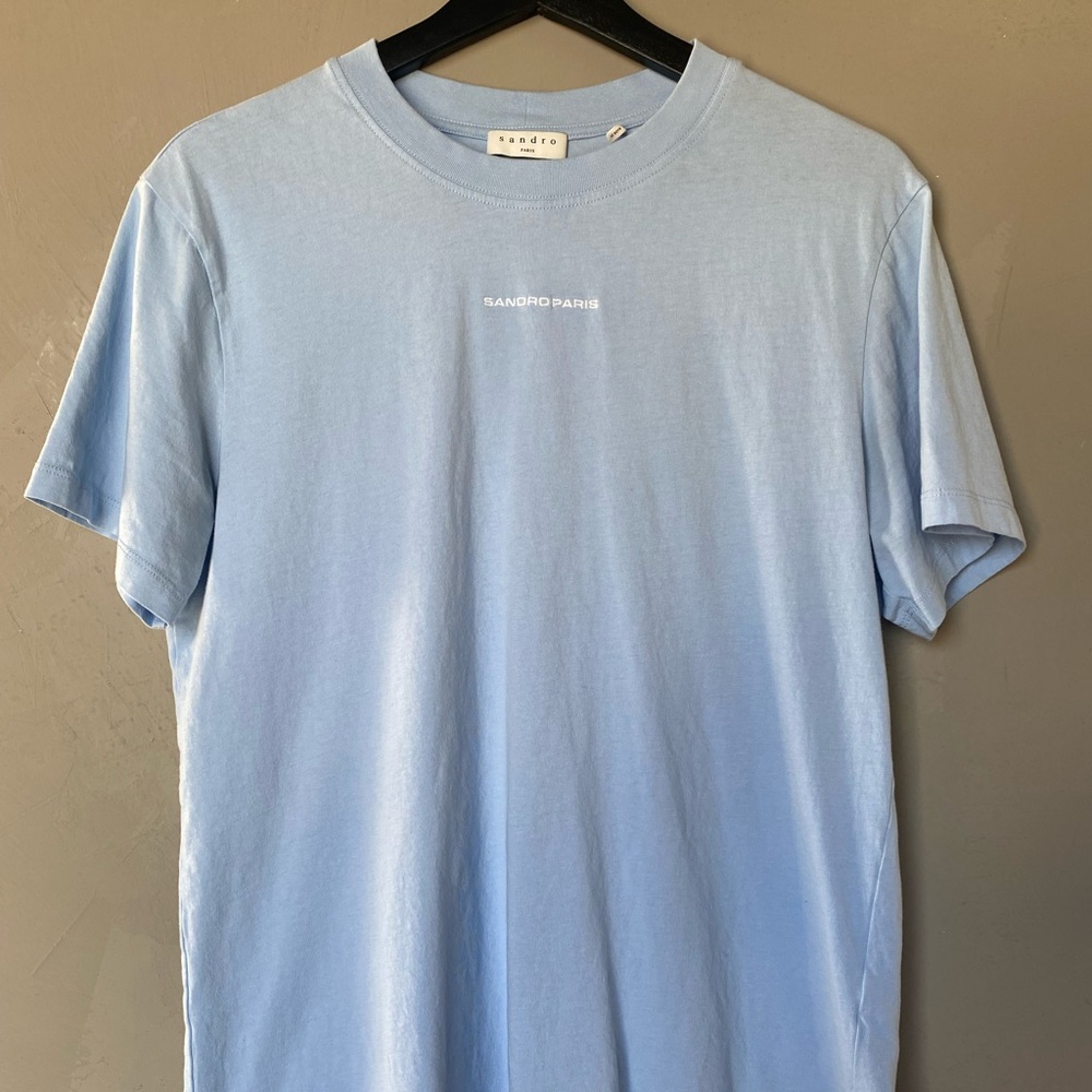 Light Blue Sandro T-Shirt with White Embroidery